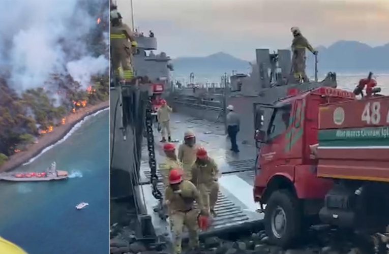 Marmaris’te orman yangını. Arazözleri çıkarma gemileri taşıdı